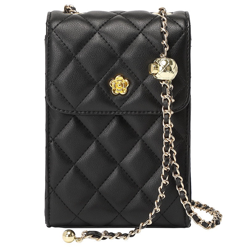 Women's Genuine Leather Quilted Chain Mini Phone Crossbody Bag
