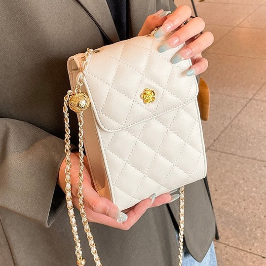 Women's Genuine Leather Quilted Chain Mini Phone Crossbody Bag