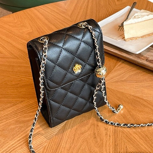 Women's Genuine Leather Quilted Chain Mini Phone Crossbody Bag