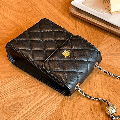 Women's Genuine Leather Quilted Chain Mini Phone Crossbody Bag