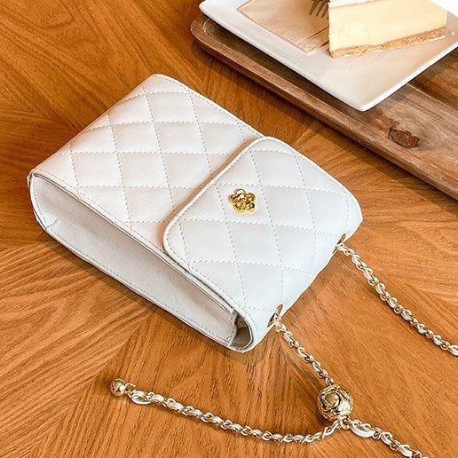 Women's Genuine Leather Quilted Chain Mini Phone Crossbody Bag