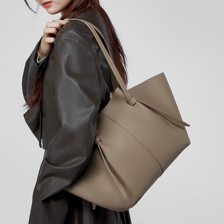 Women's Genuine Leather Textured Tote Bag with Matching Pouch