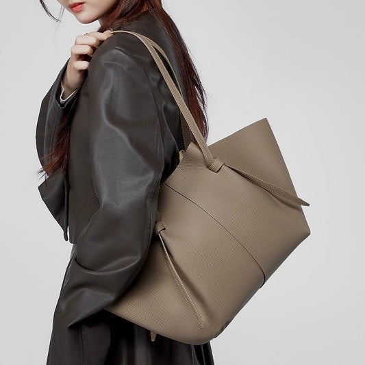 Women's Genuine Leather Textured Tote Bag with Matching Pouch