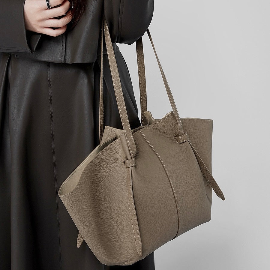 Women's Genuine Leather Textured Tote Bag with Matching Pouch