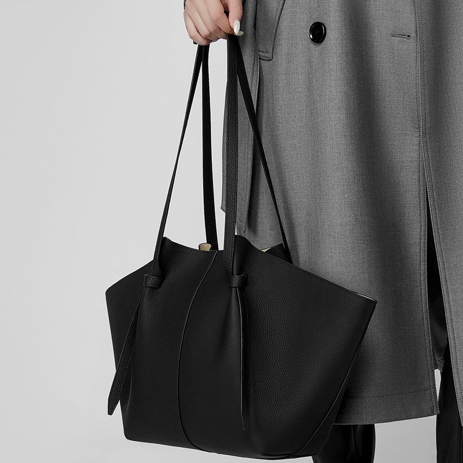 Women's Genuine Leather Textured Tote Bag with Matching Pouch