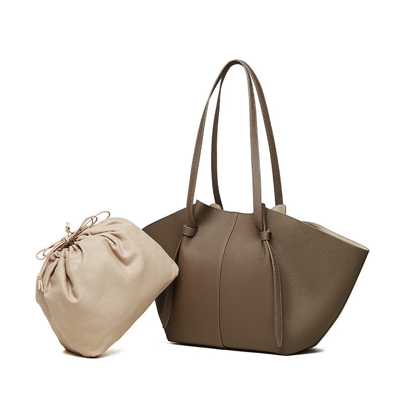 Women's Genuine Leather Textured Tote Bag with Matching Pouch