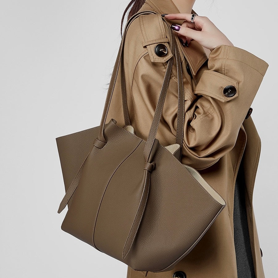 Women's Genuine Leather Textured Tote Bag with Matching Pouch