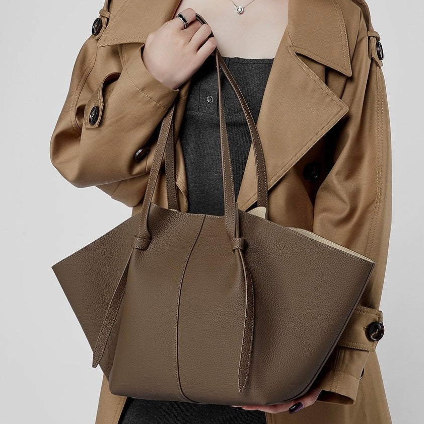 Women's Genuine Leather Textured Tote Bag with Matching Pouch