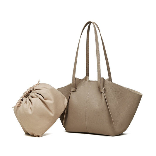 Women's Genuine Leather Textured Tote Bag with Matching Pouch