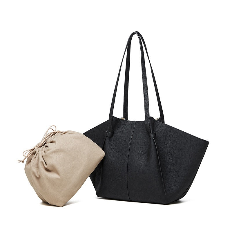 Women's Genuine Leather Textured Tote Bag with Matching Pouch
