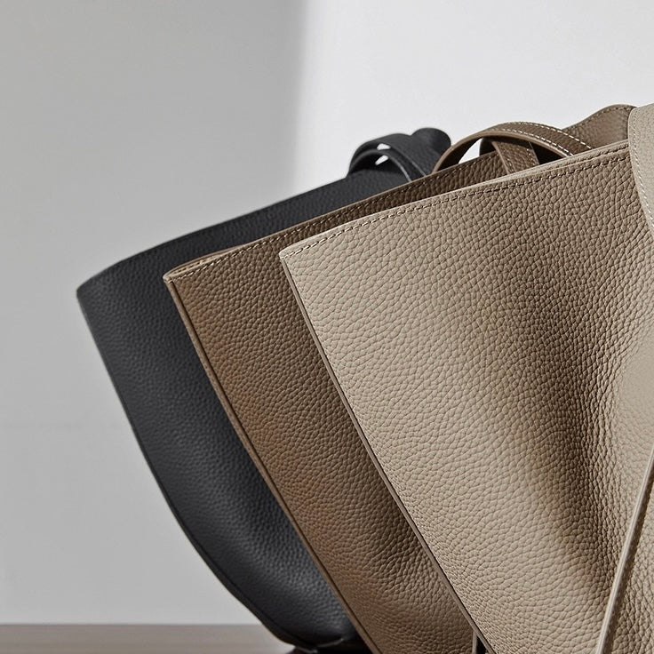 Women's Genuine Leather Textured Tote Bag with Matching Pouch