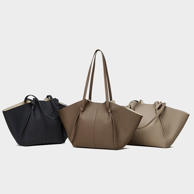 Women's Genuine Leather Textured Tote Bag with Matching Pouch