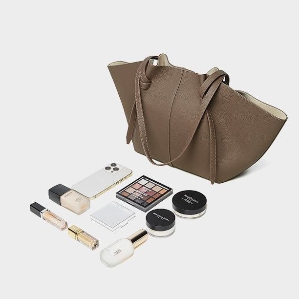 Women's Genuine Leather Textured Tote Bag with Matching Pouch