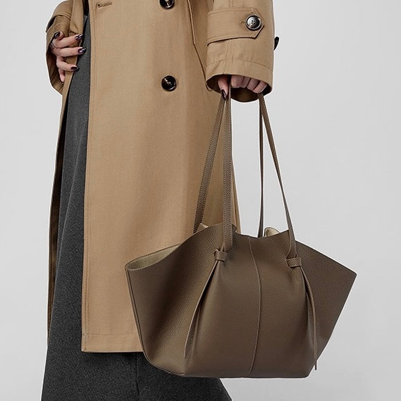 Women's Genuine Leather Textured Tote Bag with Matching Pouch