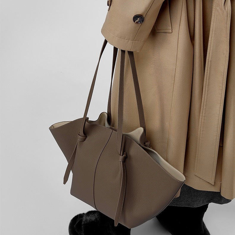 Women's Genuine Leather Textured Tote Bag with Matching Pouch