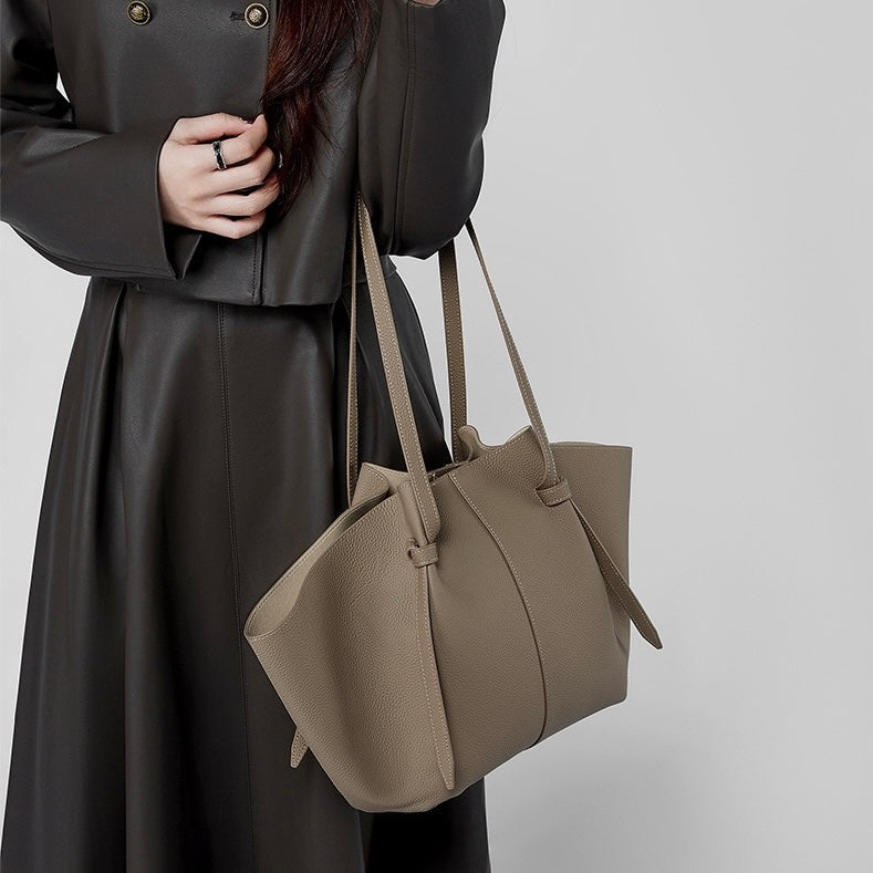 Women's Genuine Leather Textured Tote Bag with Matching Pouch