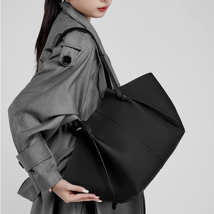 Women's Genuine Leather Textured Tote Bag with Matching Pouch