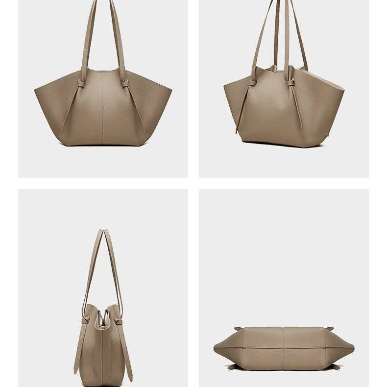 Women's Genuine Leather Textured Tote Bag with Matching Pouch