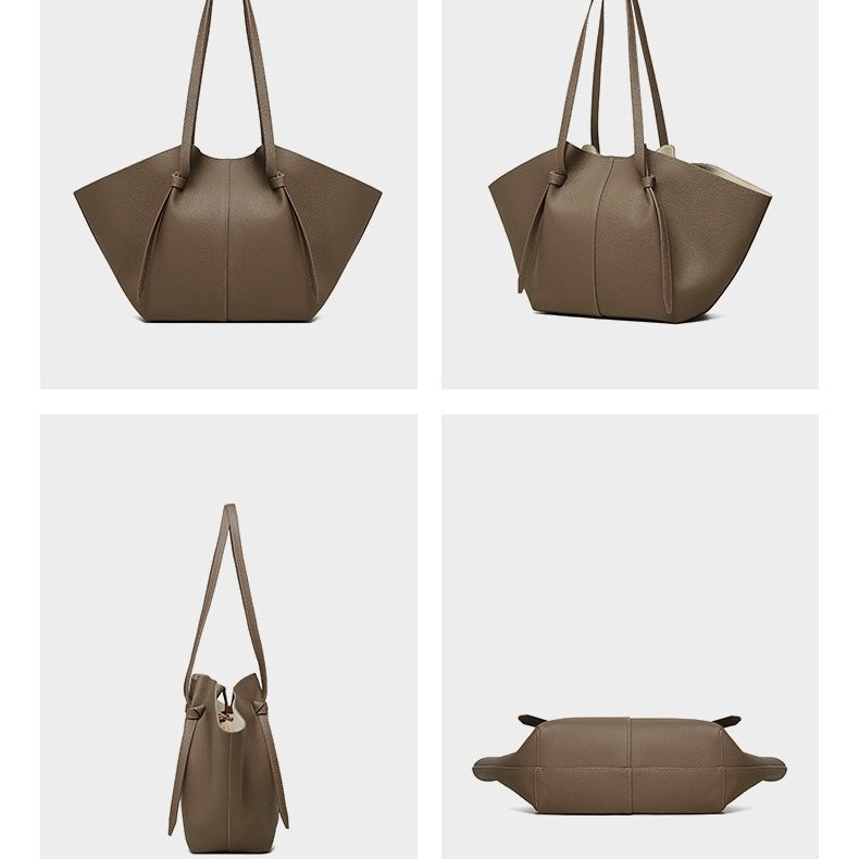 Women's Genuine Leather Textured Tote Bag with Matching Pouch