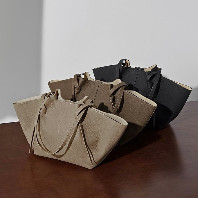 Women's Genuine Leather Textured Tote Bag with Matching Pouch