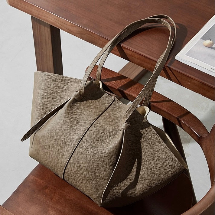 Women's Genuine Leather Textured Tote Bag with Matching Pouch