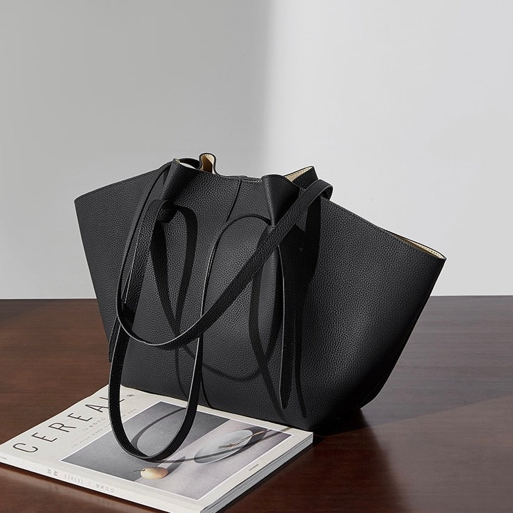 Women's Genuine Leather Textured Tote Bag with Matching Pouch
