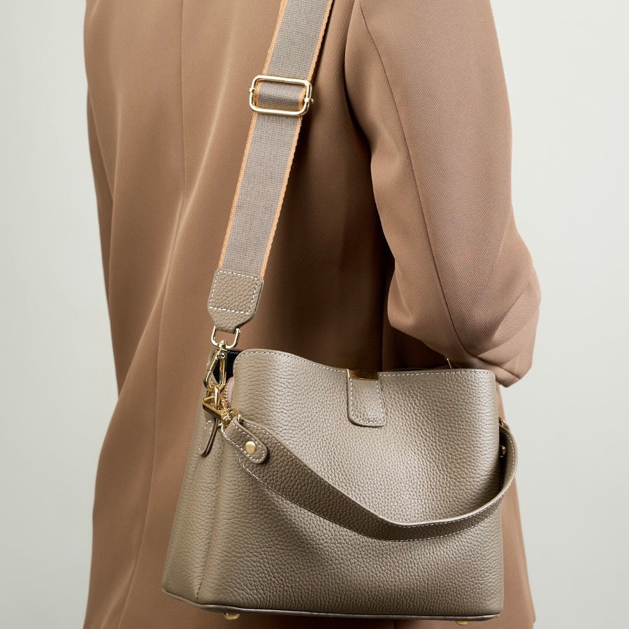 Women's Genuine Leather Gold Trim Bucket Shoulder Crossbody Bag