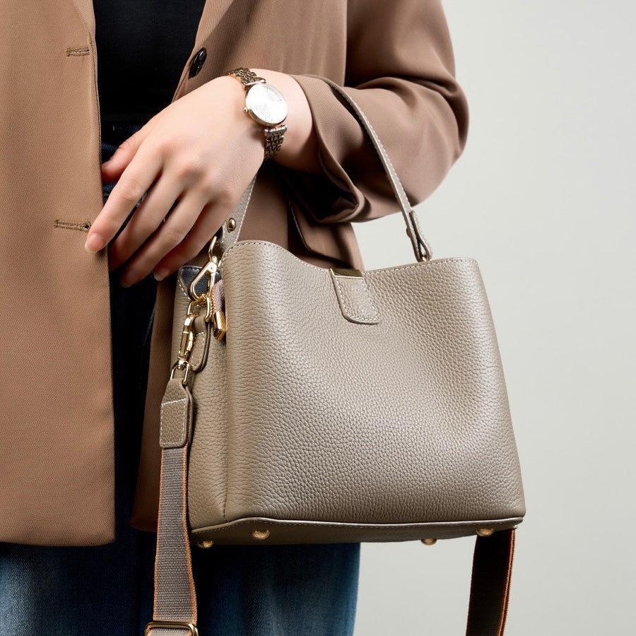 Women's Genuine Leather Gold Trim Bucket Shoulder Crossbody Bag
