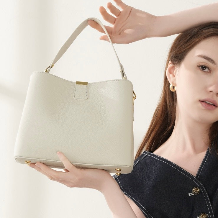 Women's Genuine Leather Gold Trim Bucket Shoulder Crossbody Bag