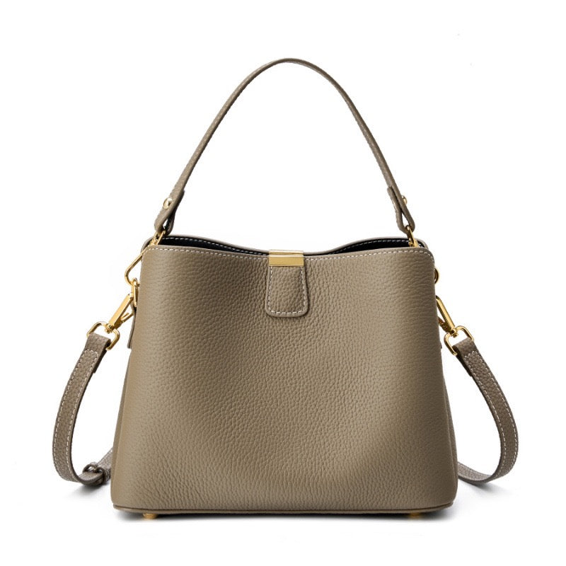 Women's Genuine Leather Gold Trim Bucket Shoulder Crossbody Bag