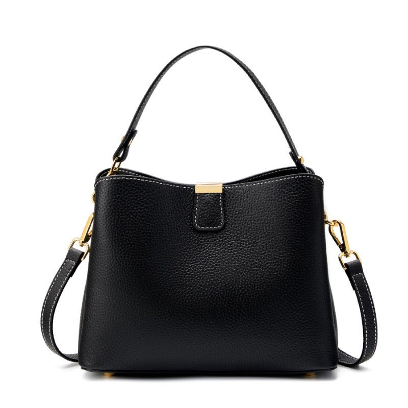 Women's Genuine Leather Gold Trim Bucket Shoulder Crossbody Bag