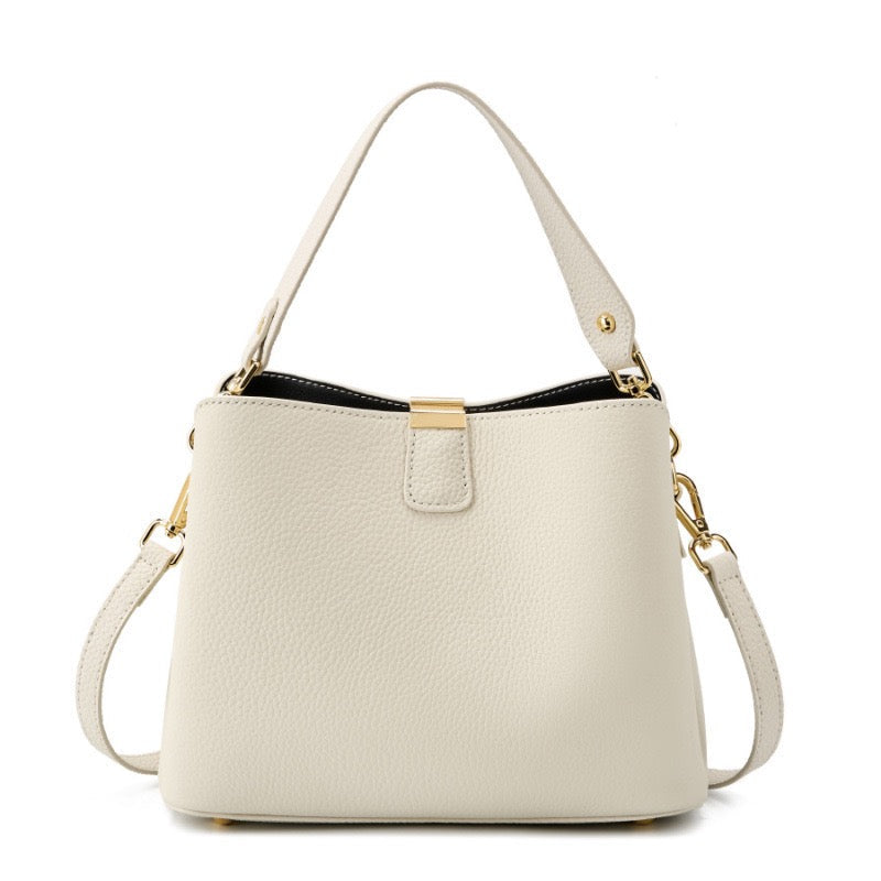 Women's Genuine Leather Gold Trim Bucket Shoulder Crossbody Bag