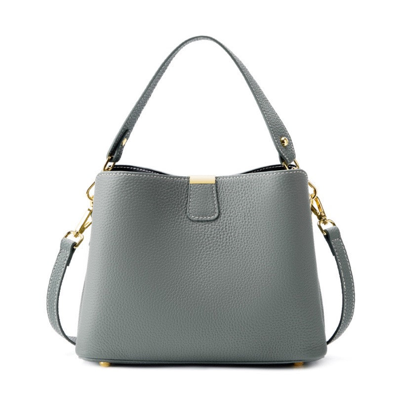 Women's Genuine Leather Gold Trim Bucket Shoulder Crossbody Bag