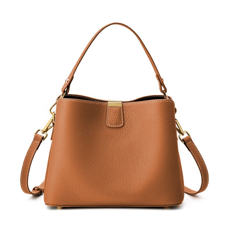 Women's Genuine Leather Gold Trim Bucket Shoulder Crossbody Bag