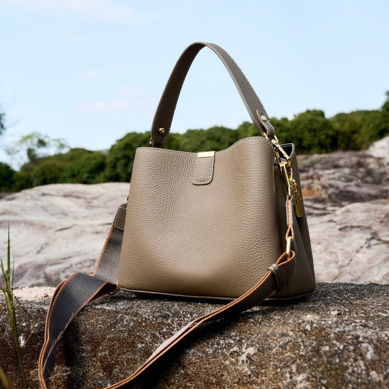 Women's Genuine Leather Gold Trim Bucket Shoulder Crossbody Bag