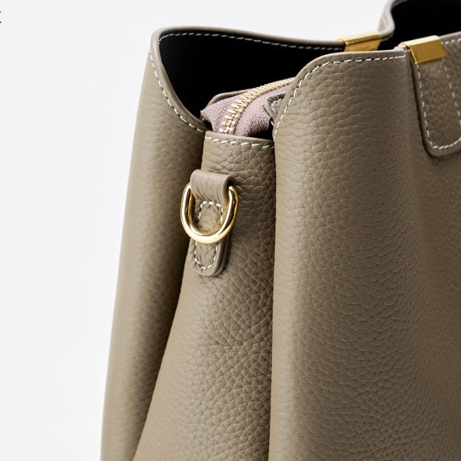 Women's Genuine Leather Gold Trim Bucket Shoulder Crossbody Bag