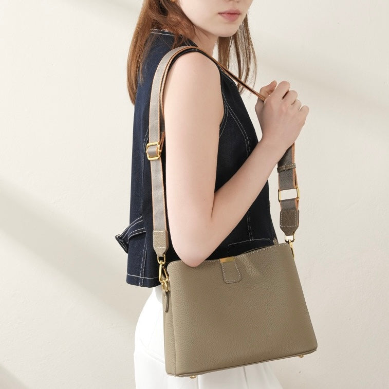 Women's Genuine Leather Gold Trim Bucket Shoulder Crossbody Bag