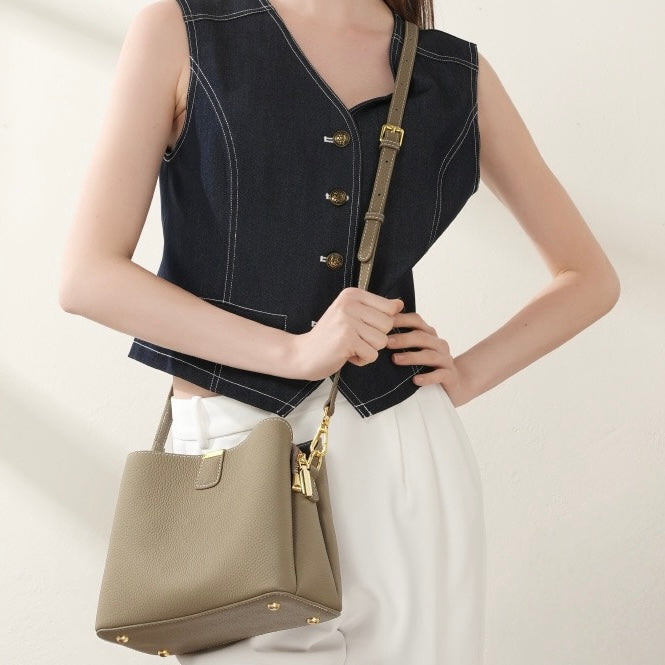 Women's Genuine Leather Gold Trim Bucket Shoulder Crossbody Bag
