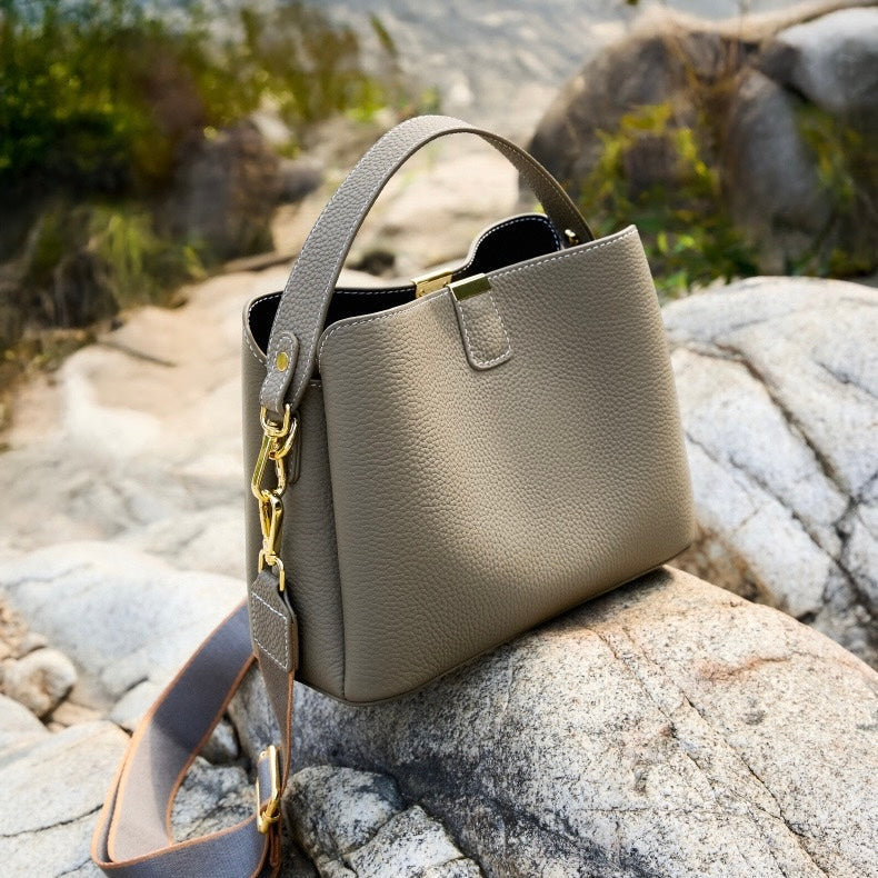 Women's Genuine Leather Gold Trim Bucket Shoulder Crossbody Bag