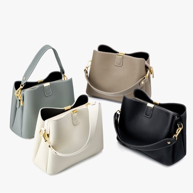 Women's Genuine Leather Gold Trim Bucket Shoulder Crossbody Bag