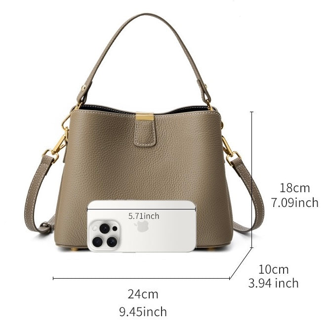 Women's Genuine Leather Gold Trim Bucket Shoulder Crossbody Bag