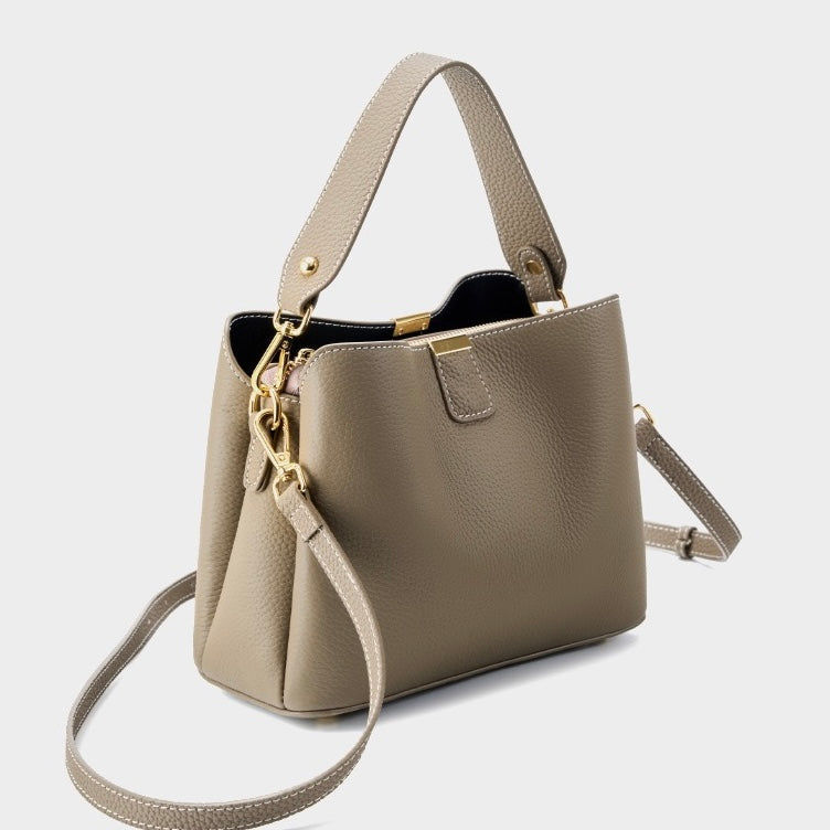 Women's Genuine Leather Gold Trim Bucket Shoulder Crossbody Bag