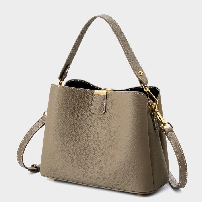 Women's Genuine Leather Gold Trim Bucket Shoulder Crossbody Bag
