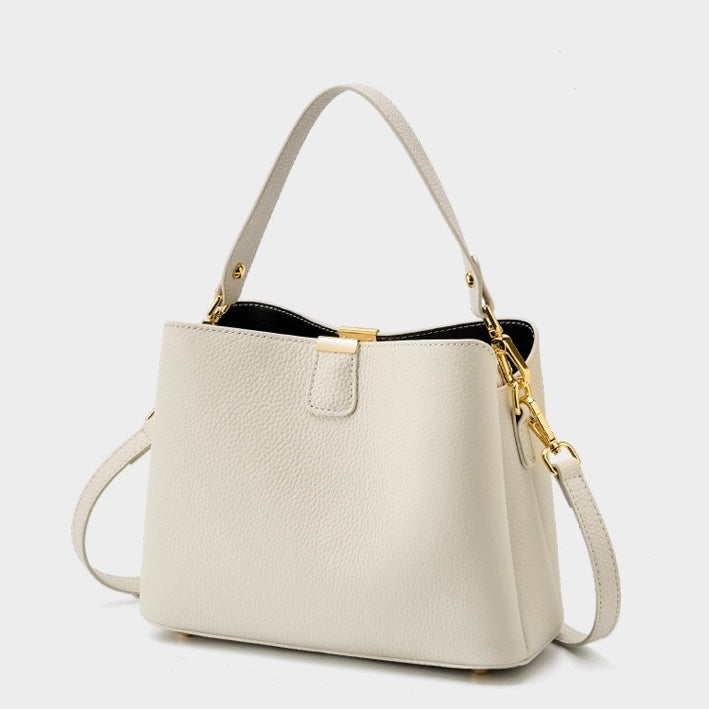 Women's Genuine Leather Gold Trim Bucket Shoulder Crossbody Bag