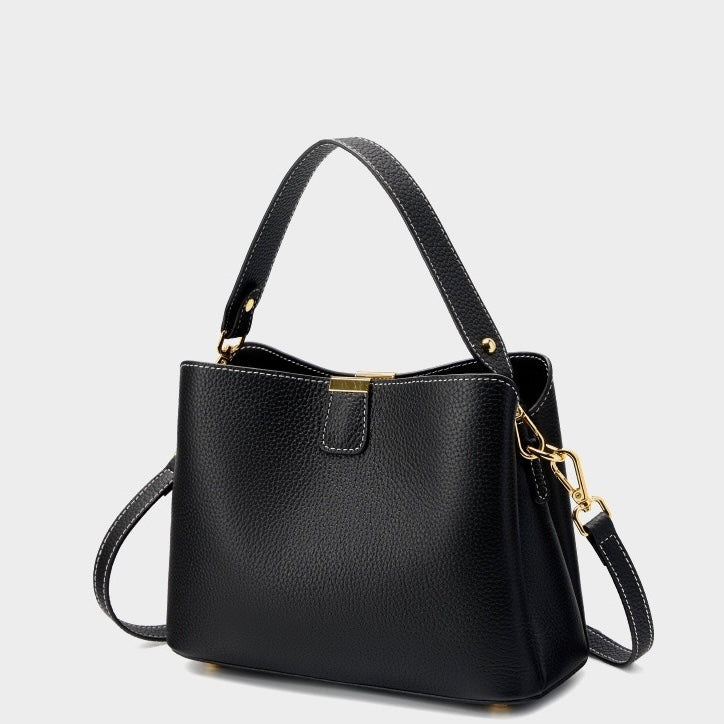 Women's Genuine Leather Gold Trim Bucket Shoulder Crossbody Bag