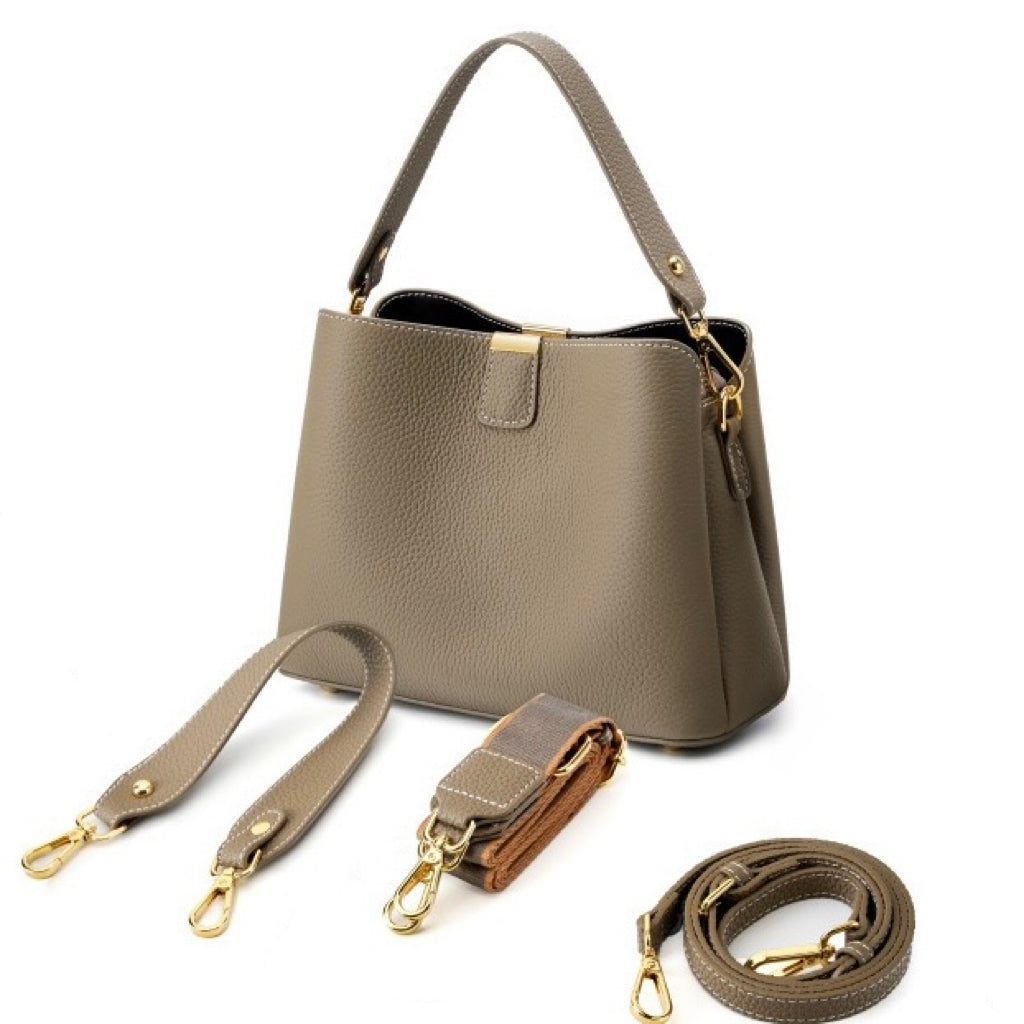 Women's Genuine Leather Gold Trim Bucket Shoulder Crossbody Bag
