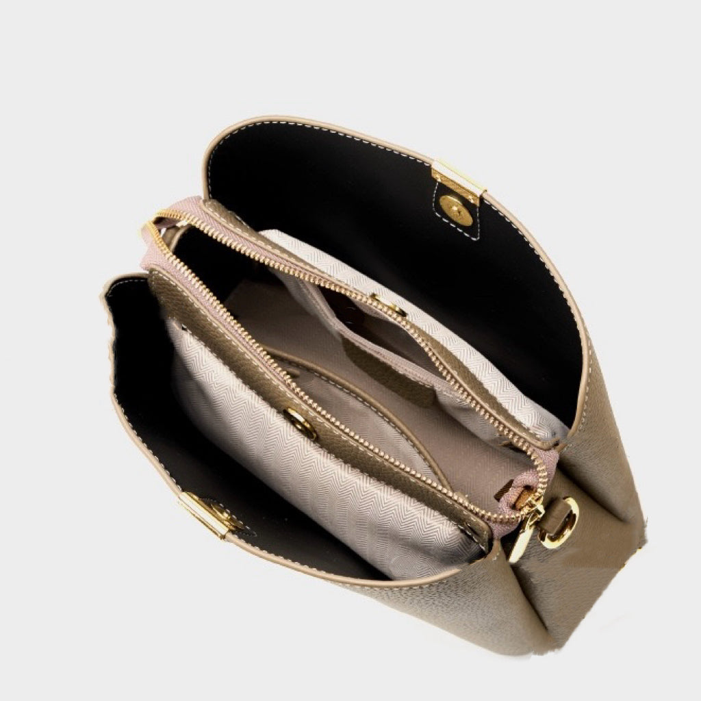 Women's Genuine Leather Gold Trim Bucket Shoulder Crossbody Bag