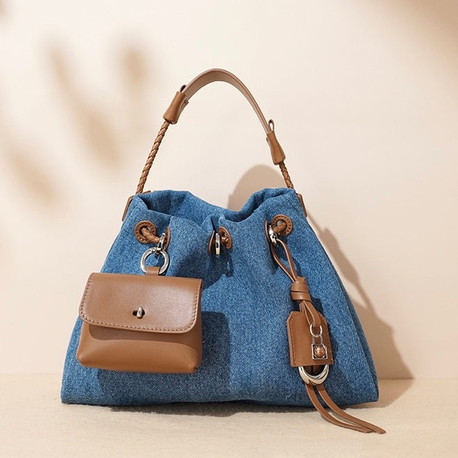 Women's Genuine Leather Denim Patchwork Hobo Shoulder Bag