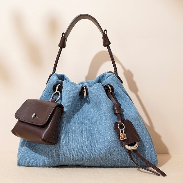 Women's Genuine Leather Denim Patchwork Hobo Shoulder Bag