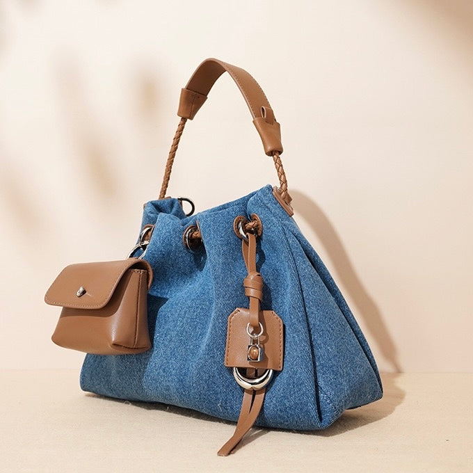 Women's Genuine Leather Denim Patchwork Hobo Shoulder Bag